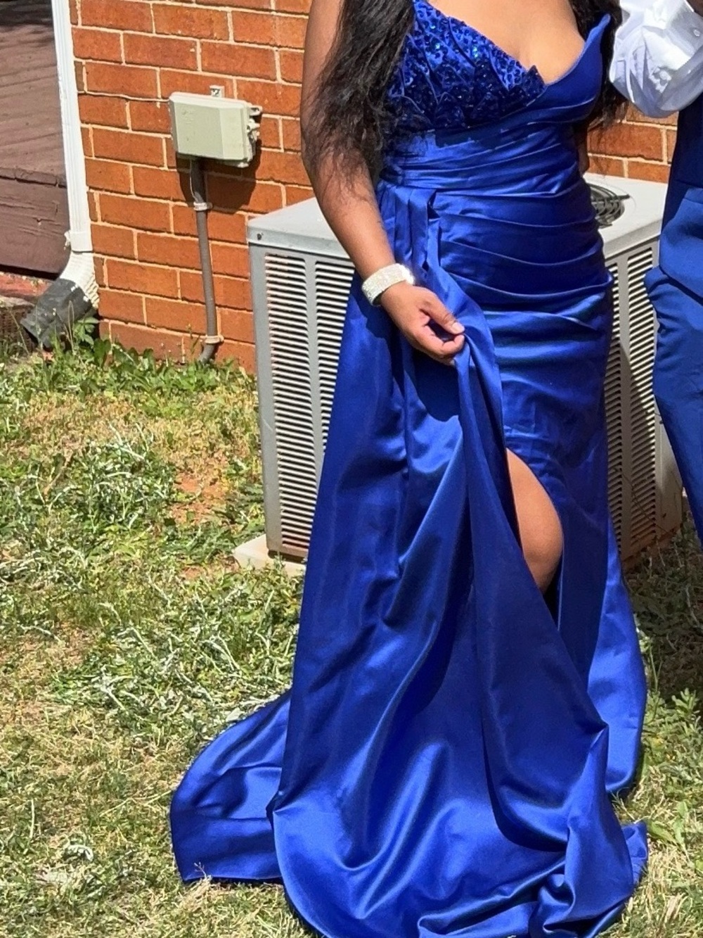 Strapless Royal Blue Satin Mermaid Evening Gown with Slit - Picture 2 of 2